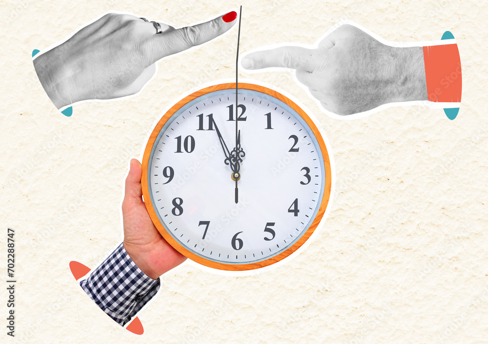 Man's hand trying to hold back clock hand. Woman's finger presses on it