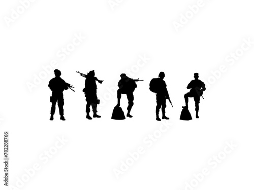 Army soldier silhouette. Soldier silhouette icon set. Soldier and army force silhouettes vector. Military vector design and illustration. Army soldiers with gun silhouette isolated white background.