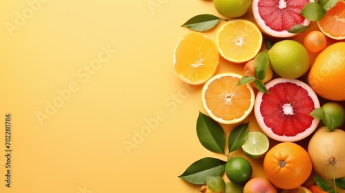 Creative background made of summer tropical fruit with copy space
