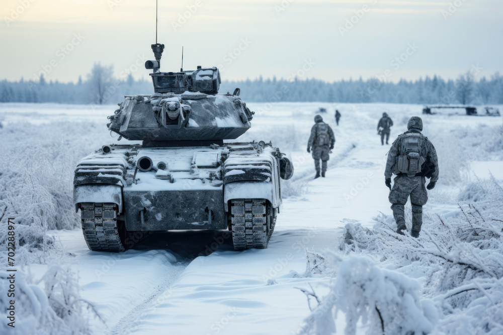 Military Tank and Soldiers in Snowy Terrain. Military Tank and Soldiers in Snowy Terrain.