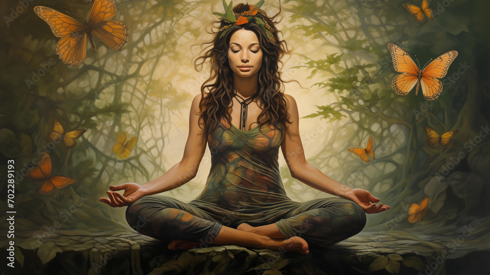 Serene Yoga Bliss: Woman in Tranquil Pose with Calm and Peaceful Background, Surrounded by Butterflies and Birds Representing Freedom and Lightness of Mindfulness