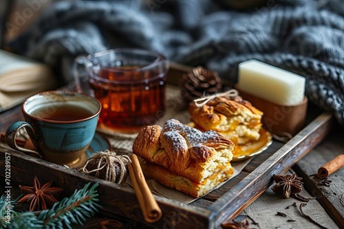 Tea and scones on a tray in a cozy room