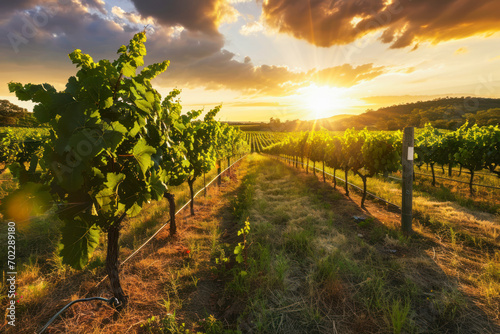 Vineyard sunset  a breathtaking scene capturing the sun setting over a picturesque vineyard  with rows of grapevines bathed in warm hues.