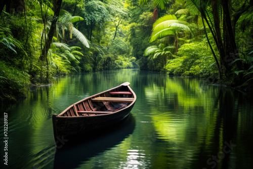 Traditional Canoe in a Lush Green Tropical Forest.