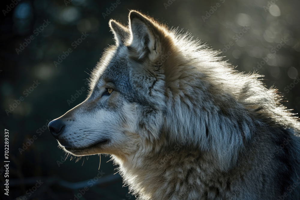 A gray wolf in the soft glow of the moonlight