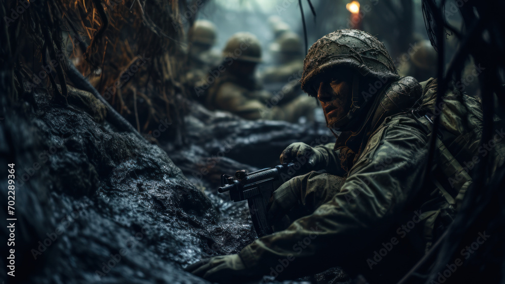 Soldier in Trench Warfare During Night Operation.