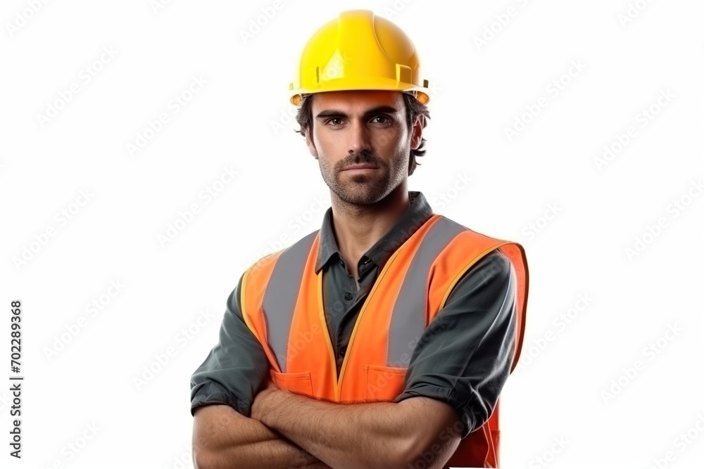 Construction worker, engineer with a safety vest and hardhat on white background. contractor or architect in planning or renovation. ai generative