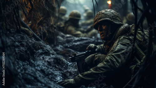 Soldier in Trench Warfare During Night Operation. photo