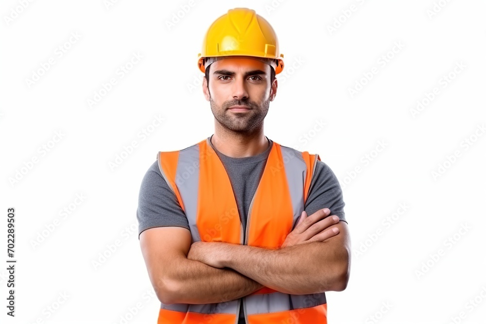 Construction worker, engineer with a safety vest and hardhat on white background. contractor or architect in planning or renovation. ai generative Construction worker, engineer with a safety vest and hardhat on white background. contractor or architect in planning or renovation. ai generative
