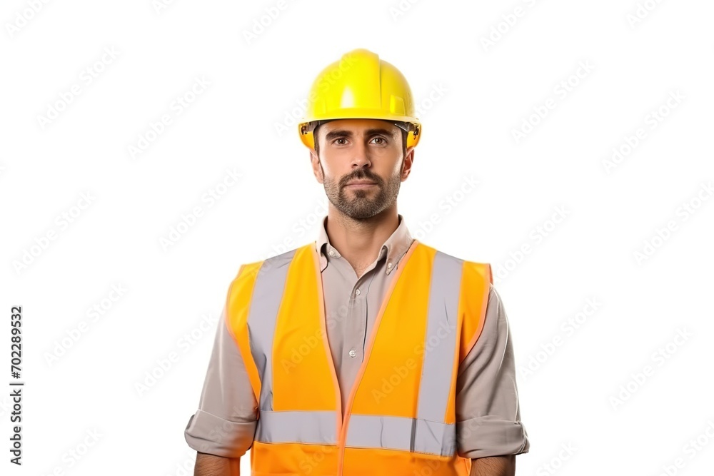 Construction worker, engineer with a safety vest and hardhat on white background. contractor or architect in planning or renovation. ai generative Construction worker, engineer with a safety vest and hardhat on white background. contractor or architect in planning or renovation. ai generative