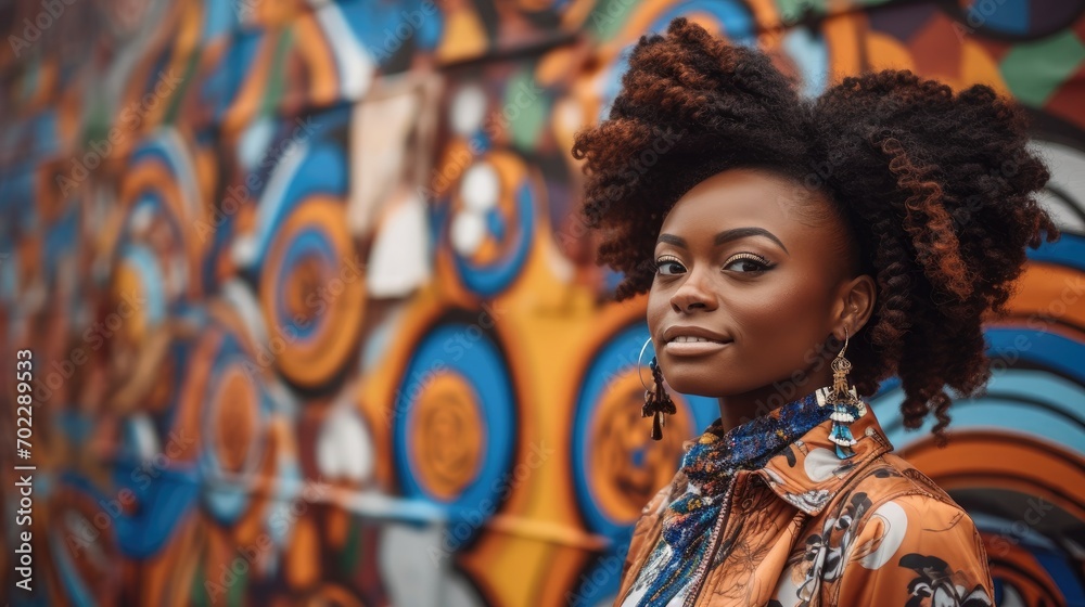 Dark skinned woman poses in front of colorful graffiti-covered wall, unique style. 