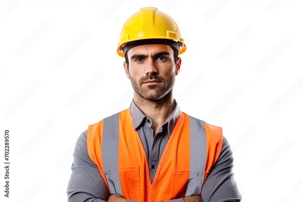 Construction worker, engineer with a safety vest and hardhat on white background. contractor or architect in planning or renovation. ai generative Construction worker, engineer with a safety vest and hardhat on white background. contractor or architect in planning or renovation. ai generative