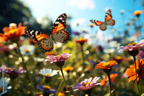 Vivid Monarch Butterflies on Colorful Flowers. © Fukume