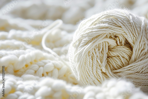 White skeins of warm yarn close up.