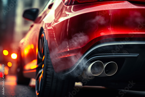 Sport Car Exhaust Emitting Fumes in City.