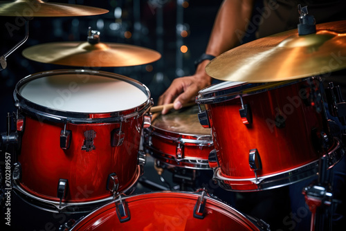 Drummer Playing Red Drum Set in Concert.