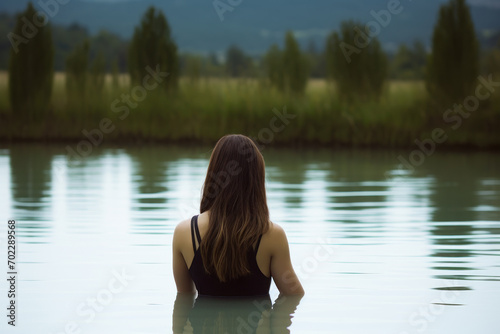 Woman Contemplating in Serene Lake Setting. © Fukume