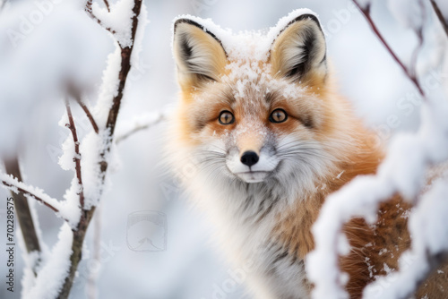 Red Fox in Snow-Covered Winter Forest. © Fukume
