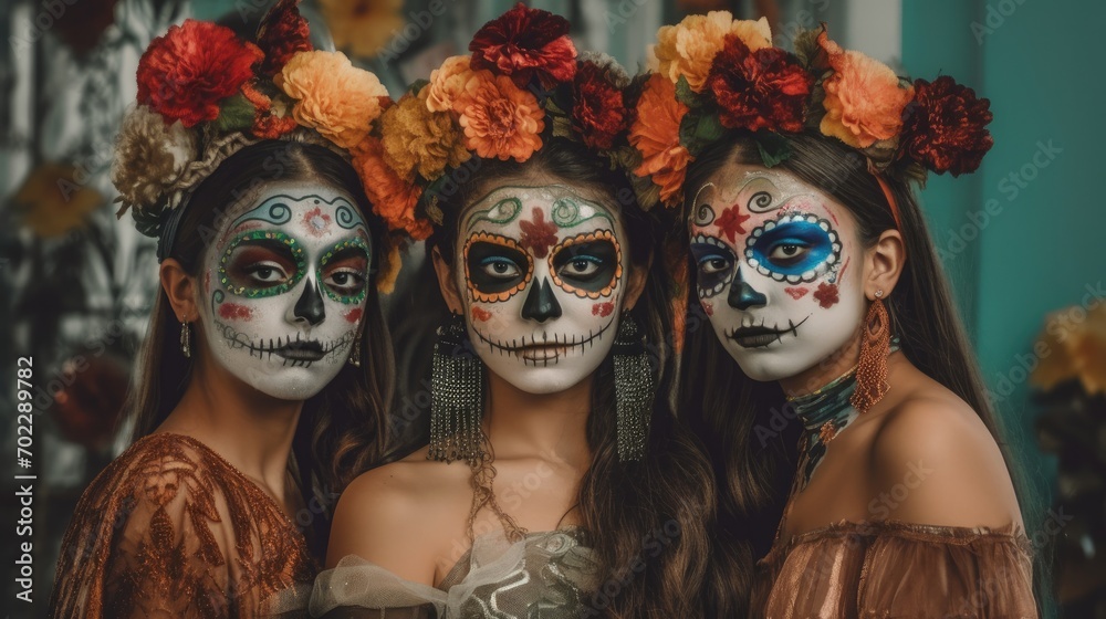 Three womans with make-up at the festival Day of the Dead - Dia de los Muertos - a holiday dedicated to the memory of the dead Three womans with make-up at the festival Day of the Dead - Dia de los Muertos - a holiday dedicated to the memory of the dead