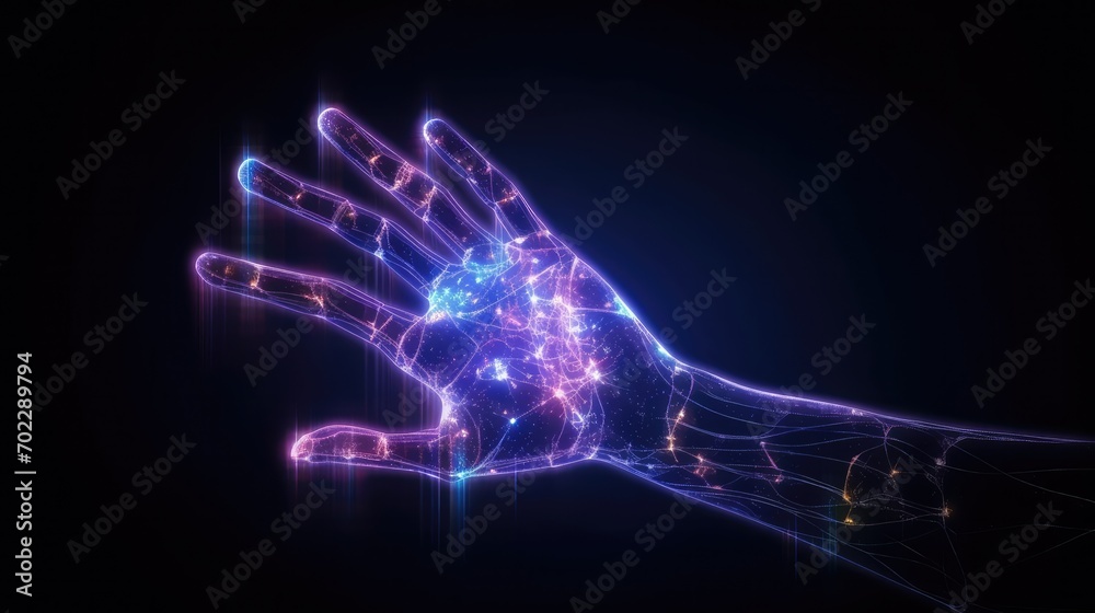 Digital hand hologram on dark background with copy space. Neural ...