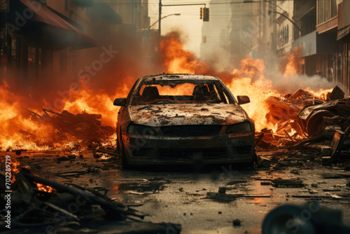 Car Engulfed in Flames Amidst Urban Devastation. © Fukume