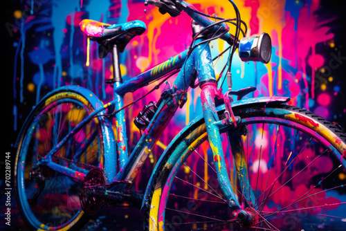 Colorful Paint-Splattered Bicycle Against Graffiti.