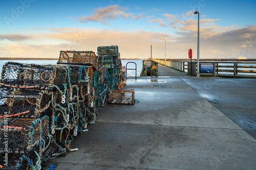 Lobster Pots at Amble's South Jetty. Amble Harbour is actually called Warkworth Harbour and is set on the banks of the River Coquet in Northumberland in the North East of England