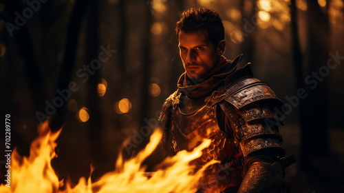 Portrait of a knight in shining armor, fire and sparks. Middle Ages, a male warrior after a battle