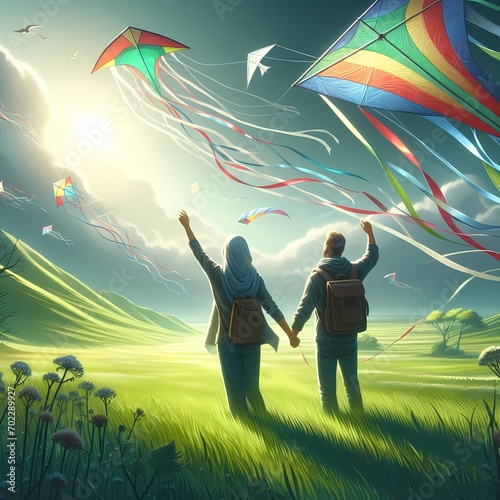 Two people who gave their backs are flying a kite on a shady green field created with ai generated 