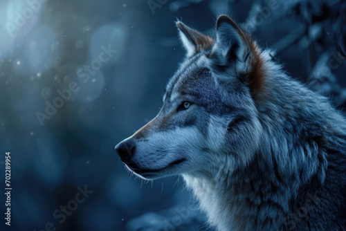 A gray wolf in the soft glow of the moonlight