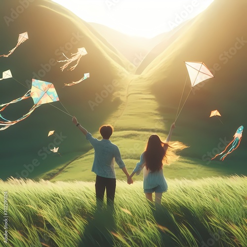 Two people who gave their backs are flying a kite on a shady green field created with ai generated 
