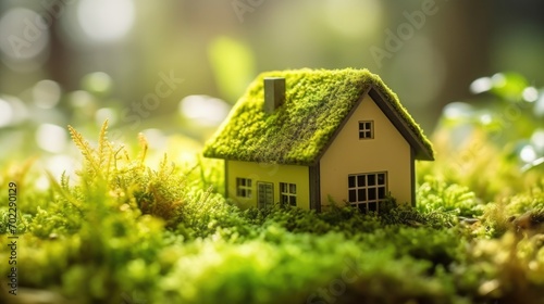 Eco House In Green Environment. Miniture House On Grass. photo