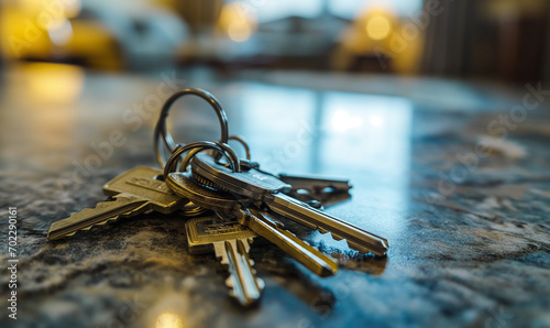 Keys on the table in new apartment or hotel room. Mortgage, investment, rent, real estate, property concept