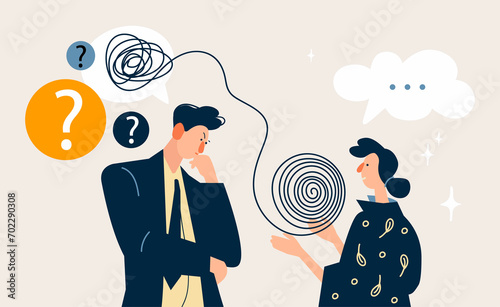 Mental health treatment, client with mental disorder struggles with stress, depression. psychiatrist unravels tangle. vector illustration struggle stress, emotional burnout