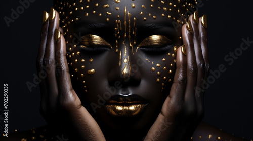 Beauty woman painted in black skin color body art  gold makeup lips eyelids  fingertips nails in gold color paint. Professional gold makeup