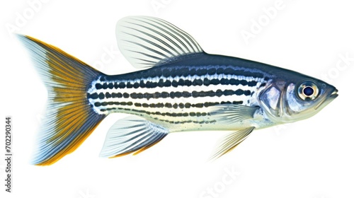 A fish with a striped body and yellow tail.