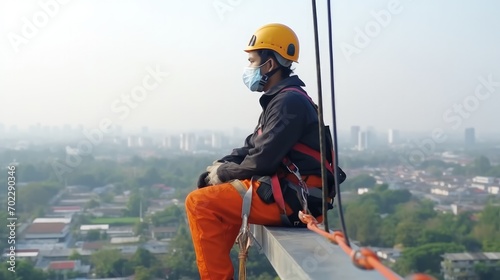 Electrical engineer wear safety uniform at heights , Construction engineer work for roof industrial with copy space