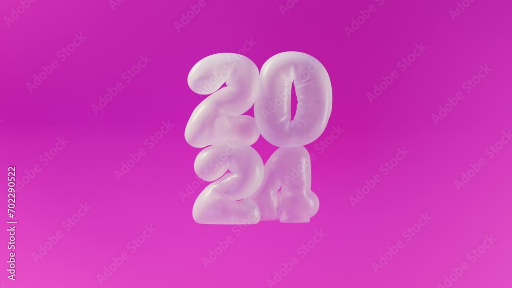 3D render of 2024 New Year numbers in the form of transparent inflated balloons hanging in the air on pink background, 4K holiday animated greeting card 3D render of 2024 New Year numbers in the form of transparent inflated balloons hanging in the air on pink background, 4K holiday animated greeting card