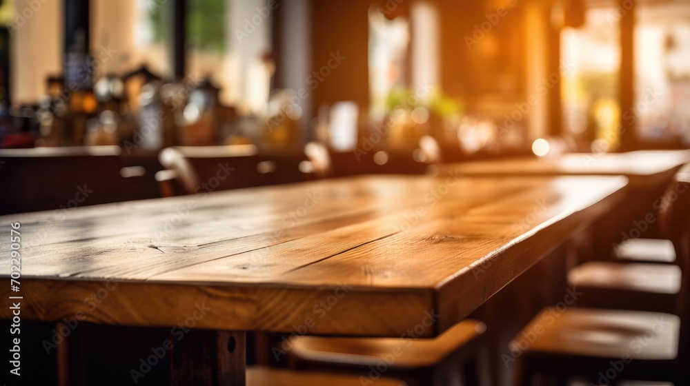 The empty wooden table top with blur background of restaurant at night.