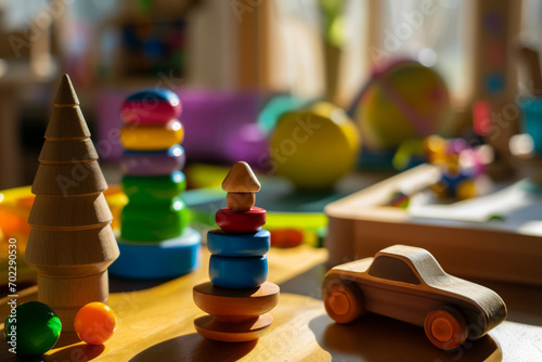 Montessori early education. Wooden table full of educational material, wood educational toys in kindergarten, preschool classroom