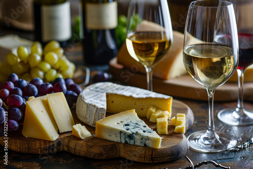 Wine and cheese pairing, a sophisticated scene featuring a selection of fine wines paired with an assortment of cheeses.