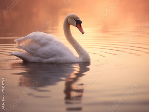 White swan in the foggy lake at the dawn. Morning lights. Romantic background. Beautiful swan.
