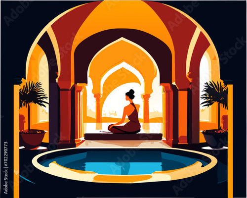 Girl sitting at the font in the spa center, resort relaxation rest in oriental style hamam