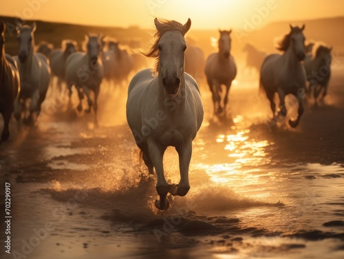 horses running in water.