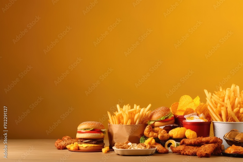 Fototapeta Composition of many junk unhealthy fast food on the table. Ultra processed food concept. Low nutrition value, high calories value