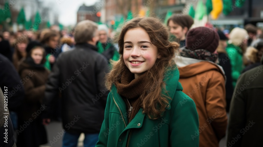 Fototapeta premium A girl in a green coat is smiling for the camera