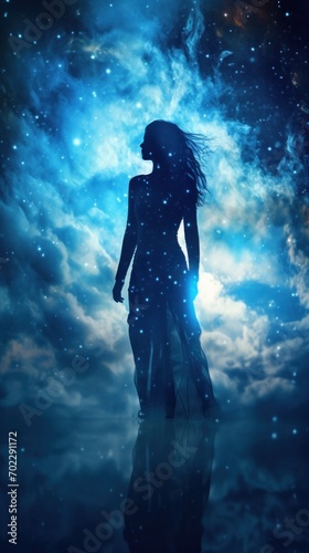 A woman standing in the middle of a night sky