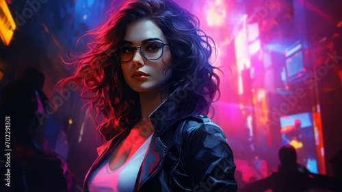 A woman with glasses standing in front of neon lights