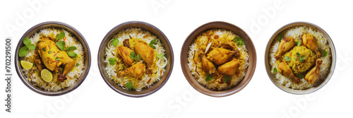 Set of Top view of Delicious chicken biryani in bowel, isolated over on transparent white background.