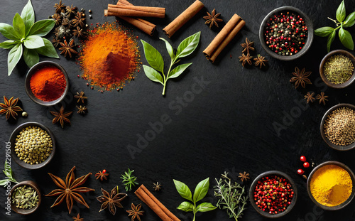 Spices on a black background. AI